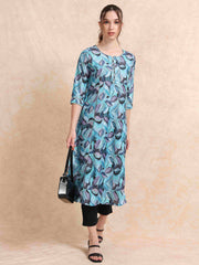 Peacock Blue Floral Digital Print with Lace work A-line Kurti